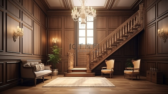 高天花板复古客厅配有暖色调木质吊灯和 3D 渲染楼梯
