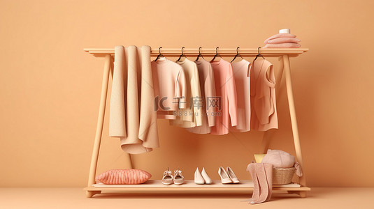 服装背景图片_在米色和柔和的背景下展示在货架和货架上的服装，用于 3D 社交媒体商店渲染