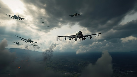 军用飞机在乌克兰战争的 3D 渲染图像中穿过云层