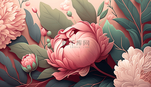 粉红色的花牡丹花叶子花卉水彩复古花卉海报插图