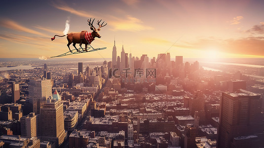 下雪城市背景图片_圣诞老人和他的驯鹿雪橇以 3D 形式在城市上空翱翔