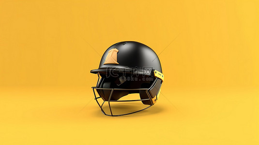 板球头盔 3D 渲染，在生动的黄色背景上具有逼真的细节