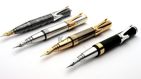 钢笔书写背景图片_在 3d 渲染的白色背景上排列带有钢笔尖的书写笔
