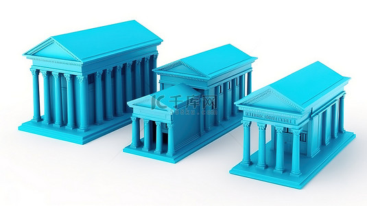 体现金融和信贷概念的蓝色银行大楼的独立 3D 渲染图标