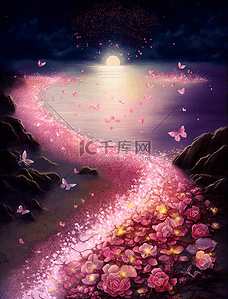 浪漫梦幻卡通花卉夜晚沙滩油画装饰画