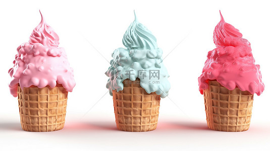 牛奶背景图片_一组三个独立的冰淇淋点心，在白色背景上以 3d 渲染插图