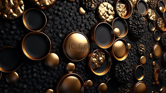 黑色和金色纹理背景上浮雕圆圈的 3D 渲染