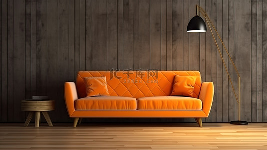 以橙色沙发设计和灯为特色的木板房的 3D 渲染