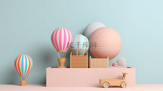 礼品盒子简约背景图片_简约与奇思妙想的结合 3D 渲染的气球和飞艇，在柔和的墙壁上放着礼品篮
