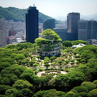山中城市，树木覆盖并占据主导地位