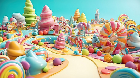 甜的蛋糕背景图片_卡通糖果乐园通过 3D 渲染和融化的奶油变得栩栩如生