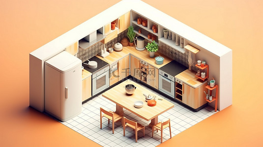 等距厨房的三维插图，具有用餐场所的室内视图，配有炉灶厨具和橱柜