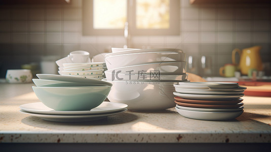 空盘子背景图片_堆叠盘子的厨房场景 3d 渲染