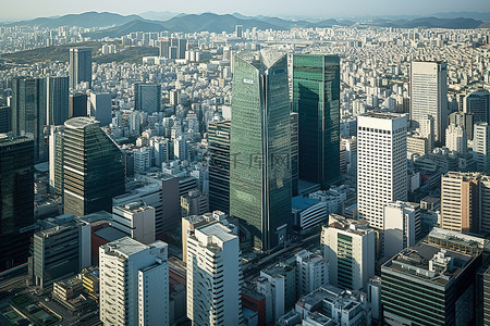 韩国首尔高耸的摩天大楼的航拍照片