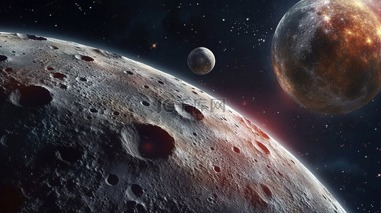 3d月球背景图片_在 3D 渲染中捕获的恒星行星星系和星云的恒星背景下，令人惊叹的月球景观