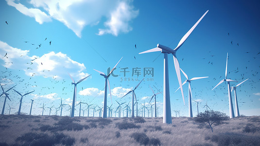 令人惊叹的 3D 渲染风力涡轮机在壮观的蓝天中利用生态可持续能源