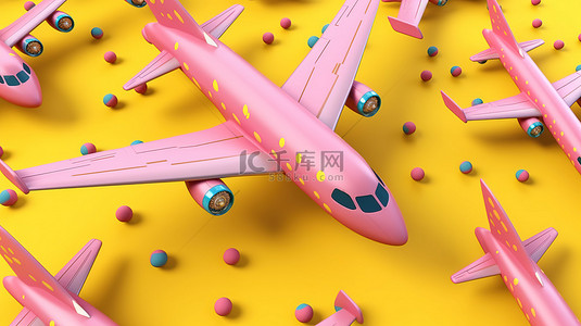 带有充满活力的粉红色平面图案的柔和黄色背景的 3D 渲染插图