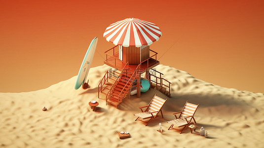 3D 渲染的等距海滩场景，配有救生员塔沙滩椅和棕色背景上的冲浪板