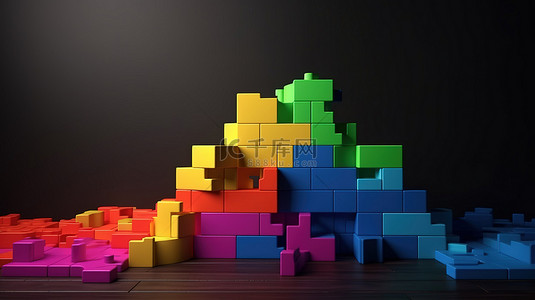 工作室中的彩虹拼图块 3d 渲染显示多色产品