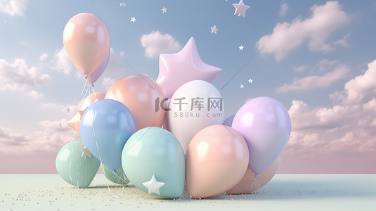 梦幻柔和的天空中的气球星星和云彩 3d 渲染图像