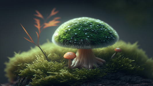 可爱背景红色背景图片_蘑菇青苔植物绿色背景