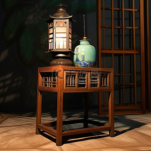 一张小桌子，旁边有蓝色罐子和灯，上面有一盏灯笼