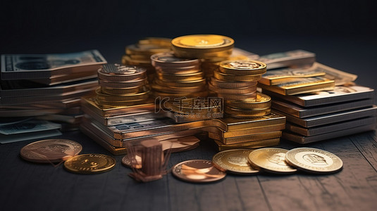 财务背景图片_货币堆栈硬币和信用卡的精致 3D 可视化财务描述