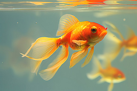 金鱼在黄色背景的清澈水池附近游泳