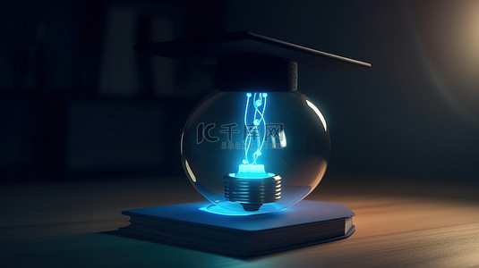 学术研究背景图片_3d 渲染中带有毕业帽的蓝色灯泡