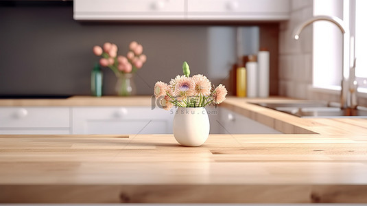厨房背景图片_当代木制厨房台面的 3D 渲染，具有充足的复制空间，与别致的模糊厨房背景相对应