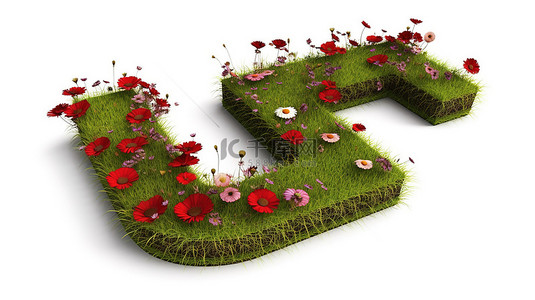 文字排版背景图片_3D 渲染红色花朵和草与主题标签的隔离