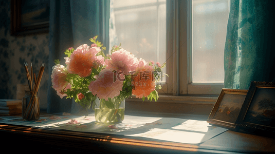 粉色花束背景图片_花束芍药花阳光窗台花卉背景