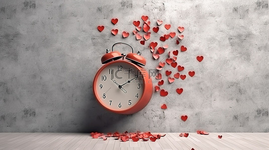 心形时钟装饰墙的浪漫计时器 3D 渲染