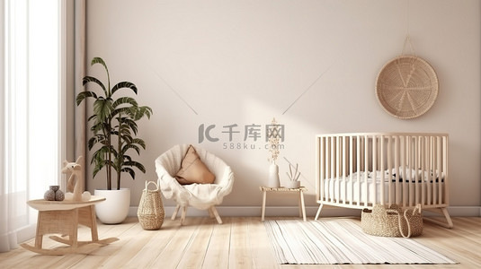 儿童风格风格背景图片_3D 模型中波西米亚风格的苗圃内部木制婴儿床靠着空白的白墙