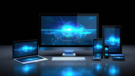 开发设备背景图片_在具有多个设备 3D 渲染的蓝色桌面上展示的响应式网站