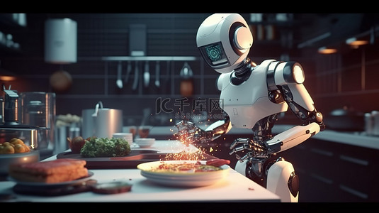 厨房机器人 3D 渲染厨师机器人烹饪美味佳肴