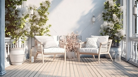 斯堪的纳维亚风格的经典阳台的 3D 渲染插图，带有专为室内生活设计的室外露台
