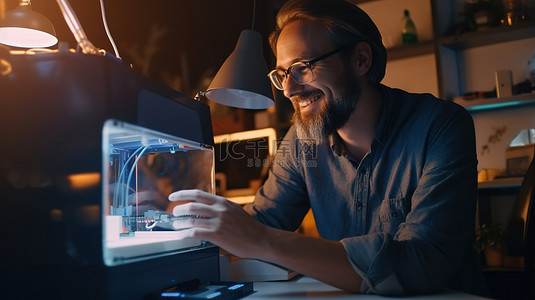 个性背景图片_内容男设计师用 3D 打印机创作并面带微笑