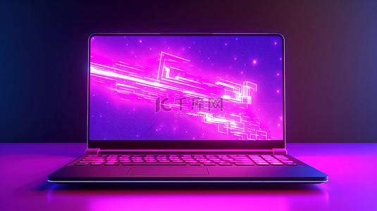 黑色桌子上一台时尚的紫色笔记本电脑的 3D 插图