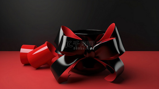 大胆的黑色星期五销售 3D 渲染，红色背景上带有丝带和蝴蝶结
