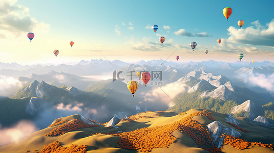 早晨的太阳背景图片_清晨热气球飞行在雄伟的山脉 3d 渲染上空