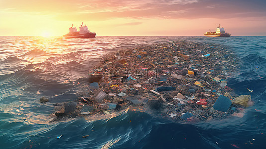 蓝色的海洋背景图片_塑料污染海洋的高品质 3D 插图