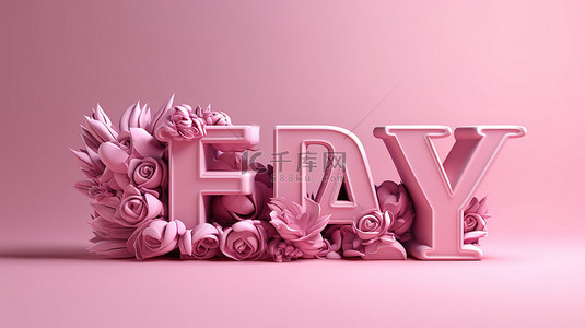 花卉海报背景图片_粉红色背景的 3D 渲染与二月刻字