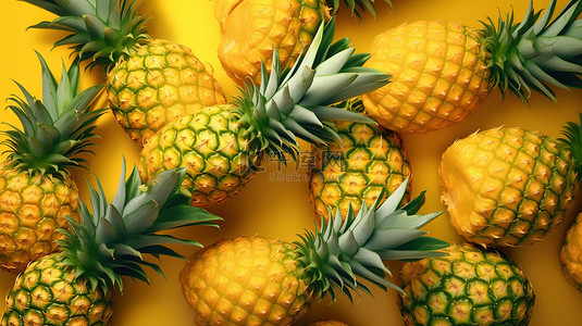 活泼的黄色背景 3D 渲染纹理上过熟多汁的菠萝片