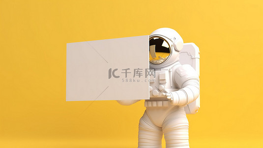 黄色背景上带有白色面板标语牌的宇航员的 3D 渲染