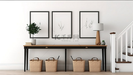 乡村风格门厅木制控制台桌与白色背景框架样机壁挂式黑色方形框架3D 插图