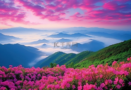 云彩背景图片_山附近有山丘和云彩的粉红色花朵