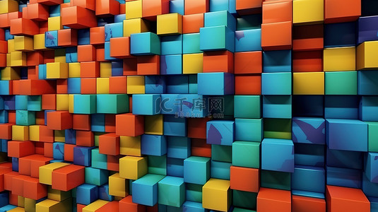 在 3D 渲染中由多色立方体构成的充满活力的墙