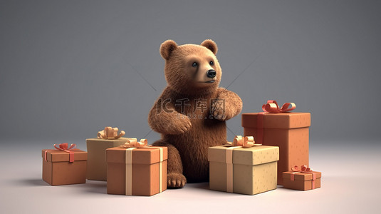 圣诞圣诞背景图片_可爱的棕熊，带 3D 渲染礼品盒