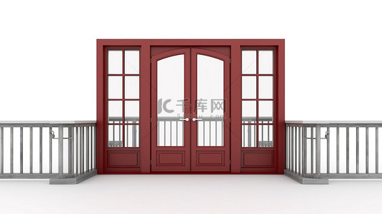 白色背景展示红木阳台门窗的 3D 渲染
